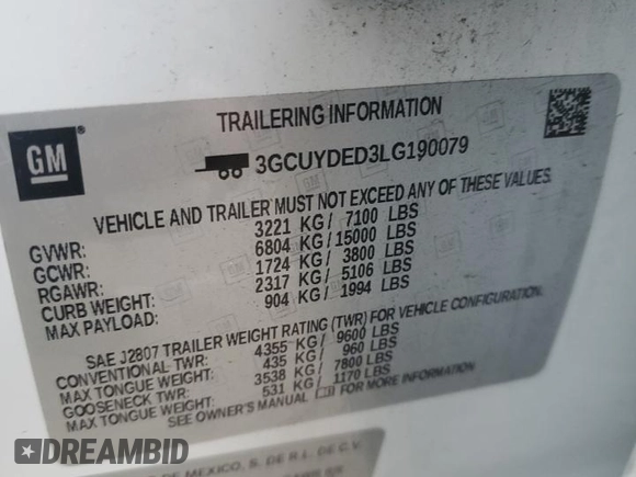 2020 Chevrolet Silverado 1500 LT with VIN 3GCUYDED3LG190079, listed as a Copart auction lot 47283485 with 124,162 mi miles and Salvage Title. Bid and sale history available at DreamBid. Image 12.