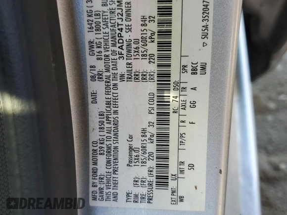 2018 Ford Fiesta S with VIN 3FADP4TJ2JM141178, listed as a Copart auction lot 71727184 with 96,860 mi miles and Salvage title. Bid and sale history available at DreamBid. Image 13.