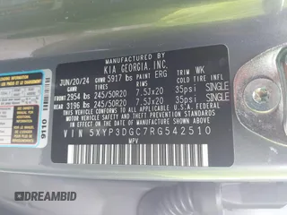 2024 Kia Telluride EX X-Line с VIN 5XYP3DGC7RG542510, выставлен на аукционе IAAI как лот 42221416 с пробегом 5 120 миль миль и . История ставок и продаж доступна на DreamBid. Изображение 9.