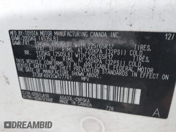 2012 Toyota RAV4 Limited with VIN 2T3DF4DV2CW177761, listed as a IAAI auction lot 41613881 with 140,183 mi miles. Bid and sale history available at carsss.com. Image 9.