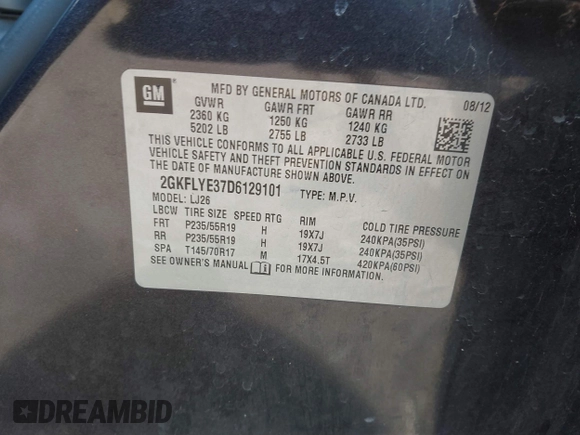 2013 GMC Terrain Denali with VIN 2GKFLYE37D6129101, listed as a IAAI auction lot 41808688 with 131,570 mi miles and . Bid and sale history available at DreamBid. Image 9.