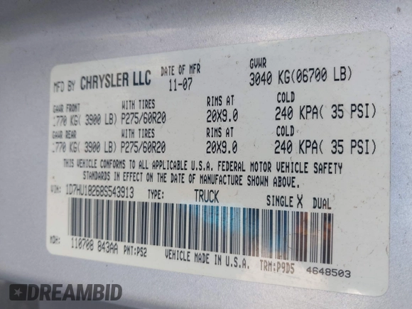 2008 Dodge 1500 SLT with VIN 1D7HU18268S543913, listed as a IAAI auction lot 42233740 with 186,114 mi miles and . Bid and sale history available at DreamBid. Image 9.