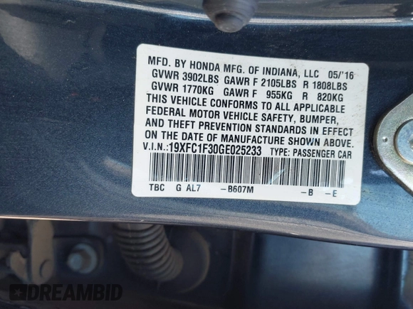 2016 Honda Civic Sedan EX-T with VIN 19XFC1F30GE025233, listed as a IAAI auction lot 41987604 with 129,311 mi miles. Bid and sale history available at carsss.com. Image 9.