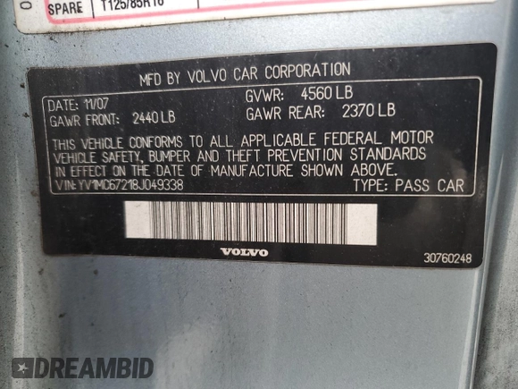 2008 Volvo C70 with VIN YV1MC67218J049338, listed as a Copart auction lot 50993735 with 187,924 mi miles and Salvage Title. Bid and sale history available at carsss.com. Image 12.