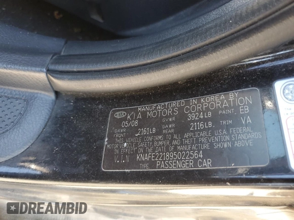 2009 Kia Spectra SX with VIN KNAFE221895022564, listed as a Copart auction lot 76997864 with 189,177 mi miles and Salvage Title. Bid and sale history available at carsss.com. Image 15.