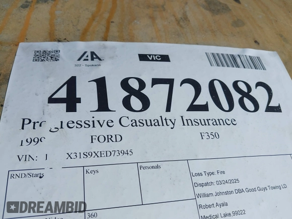 1999 Ford F-350 XL with VIN 1FTSX31S9XED73945, listed as a IAAI auction lot 41872082 with Not Provided miles and . Bid and sale history available at DreamBid. Image 9.