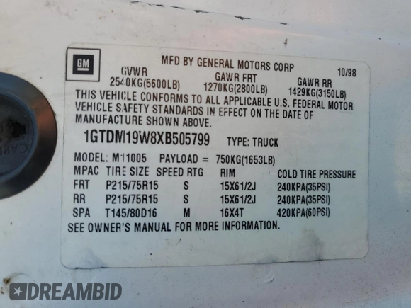 1999 GMC Safari Cargo with VIN 1GTDM19W8XB505799, listed as a Copart auction lot 51498565 with 228,275 mi miles and Salvage Title. Bid and sale history available at carsss.com. Image 15.