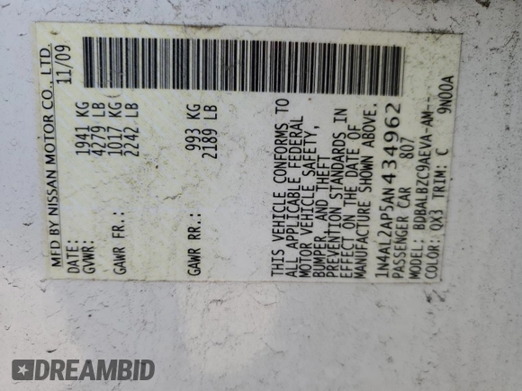 2010 Nissan Altima SL with VIN 1N4AL2AP5AN434962, listed as a Copart auction lot 88585085 with 216,423 mi miles and Non repairable. Bid and sale history available at DreamBid. Image 12.