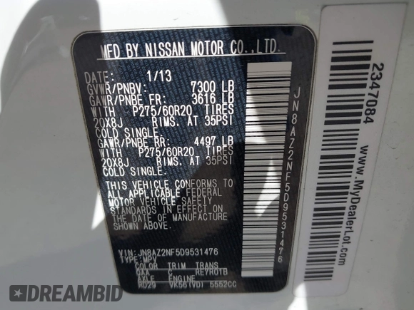 2013 Infiniti QX56 с VIN JN8AZ2NF5D9531476, выставлен на аукционе IAAI как лот 42215462 с пробегом 180 062 миль миль и . История ставок и продаж доступна на DreamBid. Изображение 9.