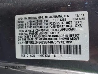 2012 Honda Odyssey EX-L with VIN 5FNRL5H64CB044075, listed as a IAAI auction lot 42094680 with 67,165 mi miles and . Bid and sale history available at carsss.com. Image 9.