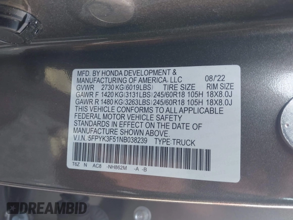 2022 Honda Ridgeline RTL z VIN 5FPYK3F51NB038239, wystawiony jako IAAI lot #41937070 z przebiegiem 39 012 mil mil oraz . Historia ofert i sprzedaży dostępna na DreamBid. Obrazek 9.