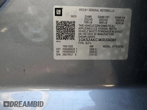 2019 GMC Yukon SLE with VIN 1GKS2AKC4KR334387, listed as a Copart auction lot 77267774 with 62,821 mi miles and Salvage Title. Bid and sale history available at carsss.com. Image 13.