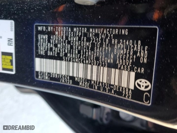 2021 Toyota Corolla SE with VIN 5YFS4MCE4MP087313, listed as a Copart auction lot 41462355 with 52,462 mi miles and Salvage Title. Bid and sale history available at carsss.com. Image 14.