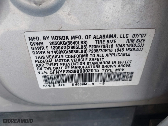 2008 Honda Pilot SE with VIN 5FNYF28398B002015, listed as a IAAI auction lot 41808545 with 286,622 mi miles. Bid and sale history available at carsss.com. Image 9.