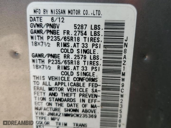 2012 Nissan Murano SV with VIN JN8AZ1MW9CW235369, listed as a Copart auction lot 73927084 with 145,833 mi miles and Salvage Title. Bid and sale history available at carsss.com. Image 15.