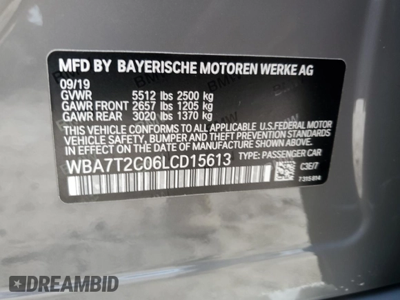 2020 BMW 7 Series 740i with VIN WBA7T2C06LCD15613, listed as a Copart auction lot 42206705 with 76,520 mi miles and Salvage Title. Bid and sale history available at carsss.com. Image 12.