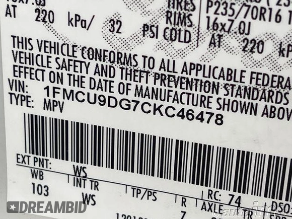 2012 Ford Escape XLT with VIN 1FMCU9DG7CKC46478, listed as a IAAI auction lot 42764955 with 190,361 mi miles and . Bid and sale history available at DreamBid. Image 6.