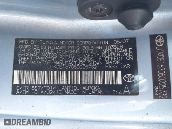 2008 Scion tC Spec with VIN JTKDE167080225732, listed as a IAAI auction lot 42034646 with 200,595 mi miles and . Bid and sale history available at DreamBid. Image 9.