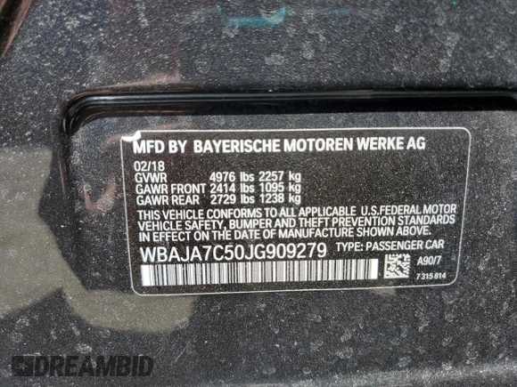 2018 BMW 5 Series 530i xDrive z VIN WBAJA7C50JG909279, wystawiony jako Copart lot #56416235 z przebiegiem Nie podano mil oraz Nie do naprawy • Non repairable. Historia ofert i sprzedaży dostępna na DreamBid. Obrazek 12.