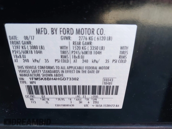 2017 Ford Explorer z VIN 1FM5K8BH4HGD73302, wystawiony jako IAAI lot #41916019 z przebiegiem 157 317 mil mil oraz . Historia ofert i sprzedaży dostępna na DreamBid. Obrazek 9.