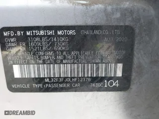 2020 Mitsubishi Mirage G4 ES with VIN ML32F3FJ0LHF12376, listed as a IAAI auction lot 41609476 with 86,069 mi miles. Bid and sale history available at carsss.com. Image 9.