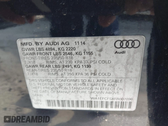 2015 Audi Q3 Premium Plus с VIN WA1EFCFSXFR007096, выставлен на аукционе IAAI как лот 42781603 с пробегом 156 717 миль миль и . История ставок и продаж доступна на DreamBid. Изображение 9.