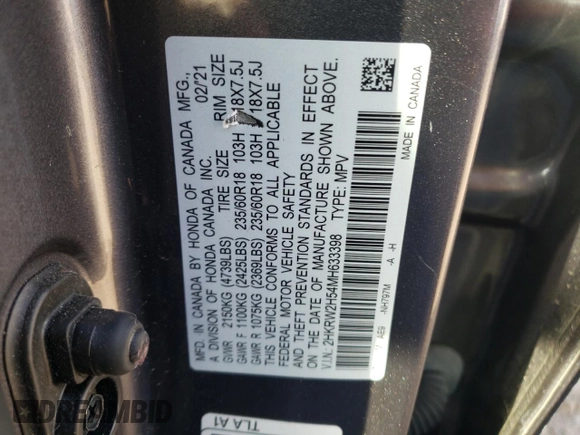 2021 Honda CR-V EX with VIN 2HKRW2H54MH633398, listed as a Copart auction lot 67128452 with 30,377 mi miles. Bid and sale history available at carsss.com. Image 10.