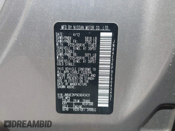 2012 Nissan Quest SL with VIN JN8AE2KP9C9043431, listed as a IAAI auction lot 41864134 with 186,514 mi miles. Bid and sale history available at carsss.com. Image 9.