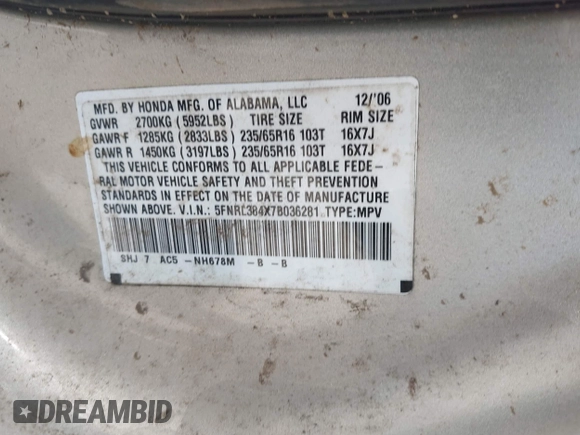 2007 Honda Odyssey EX with VIN 5FNRL384X7B036281, listed as a IAAI auction lot 42058864 with 240,791 mi miles. Bid and sale history available at carsss.com. Image 9.