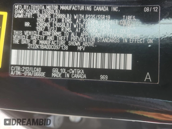 2013 Lexus RX 350 with VIN 2T2ZK1BA0DC097138, listed as a Copart auction lot 58583605 with 98,302 mi miles and Salvage title. Bid and sale history available at DreamBid. Image 13.
