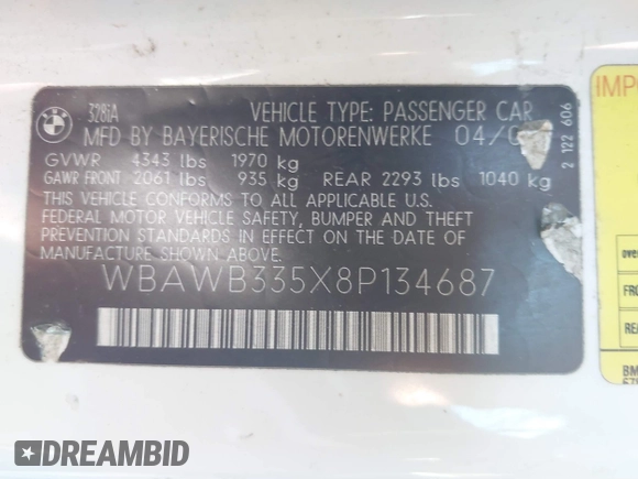2008 BMW 3 Series 328i with VIN WBAWB335X8P134687, listed as a IAAI auction lot 41605500 with 221,820 mi miles. Bid and sale history available at carsss.com. Image 9.