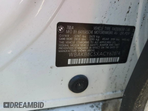 2010 BMW 7 Series 750Li z VIN WBAKB8C5XACY62874, wystawiony jako Copart lot #75656054 z przebiegiem 132 663 mil mil oraz Szkoda całkowita • Salvage title. Historia ofert i sprzedaży dostępna na DreamBid. Obrazek 12.
