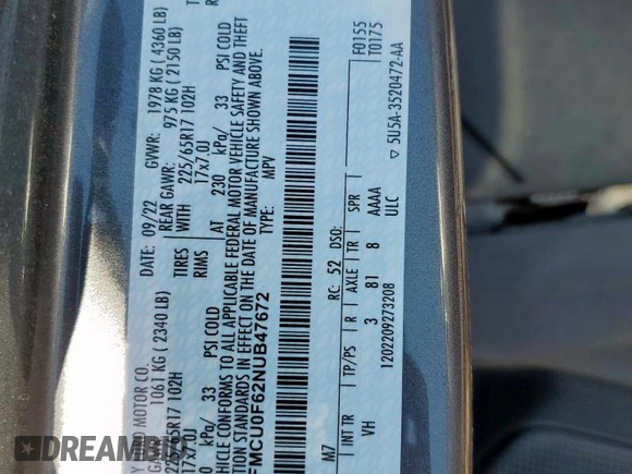 2022 Ford Escape S with VIN 1FMCU0F62NUB47672, listed as a Copart auction lot 60271585 with 53,894 mi miles and Salvage title. Bid and sale history available at DreamBid. Image 14.