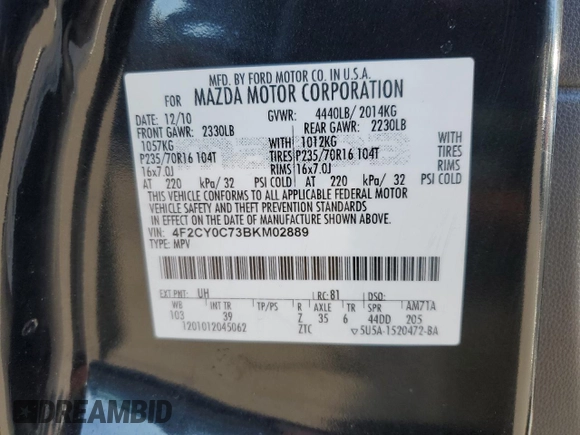 2011 Mazda Tribute Touring with VIN 4F2CY0C73BKM02889, listed as a Copart auction lot 68182214 with 139,491 mi miles and Clean Title. Bid and sale history available at carsss.com. Image 13.