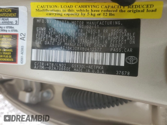 2011 Toyota Avalon with VIN 4T1BK3DBXBU412577, listed as a Copart auction lot 59008835 with 142,638 mi miles and Salvage title. Bid and sale history available at DreamBid. Image 12.