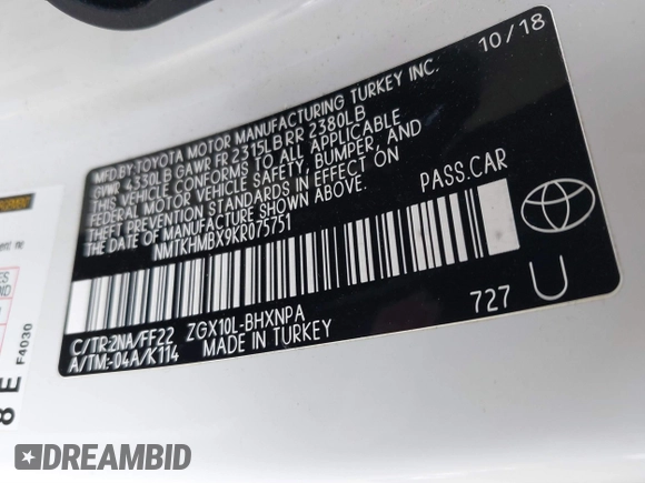 2019 Toyota C-HR XLE with VIN NMTKHMBX9KR075751, listed as a IAAI auction lot 41306015 with 29,078 mi miles. Bid and sale history available at carsss.com. Image 9.