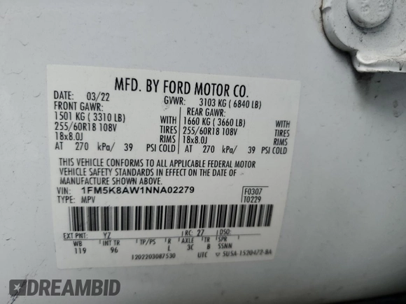 2022 Ford Police Interceptor Utility z VIN 1FM5K8AW1NNA02279, wystawiony jako Copart lot #51058345 z przebiegiem 51 337 mil mil oraz Czysty tytuł • Clean title. Historia ofert i sprzedaży dostępna na DreamBid. Obrazek 14.
