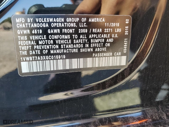 2016 Volkswagen Passat 1.8T SE with VIN 1VWBT7A3XGC015919, listed as a Copart auction lot 48695675 with 177,144 mi miles and Salvage Title. Bid and sale history available at carsss.com. Image 12.