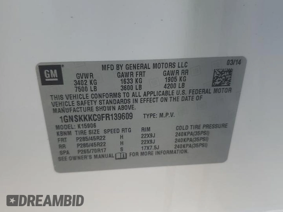 2015 Chevrolet Suburban LTZ with VIN 1GNSKKKC9FR139609, listed as a Copart auction lot 52408745 with Not Provided miles and Clean Title. Bid and sale history available at DreamBid. Image 13.