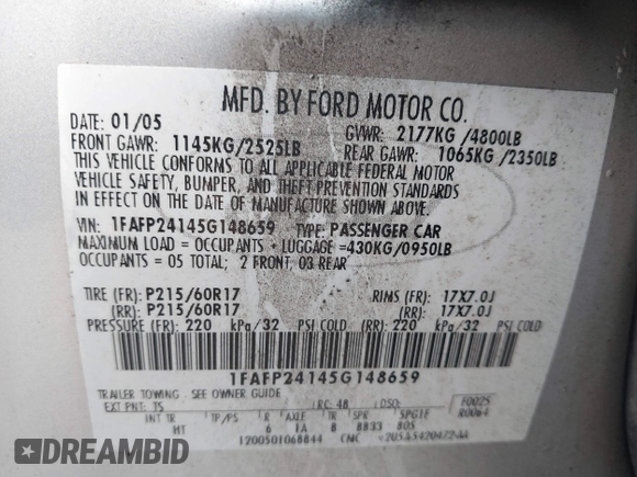 2005 Ford Five Hundred SEL с VIN 1FAFP24145G148659, выставлен на аукционе IAAI как лот 42490163 с пробегом 164 738 миль миль и . История ставок и продаж доступна на DreamBid. Изображение 9.
