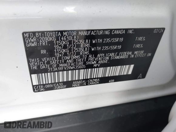 2024 Toyota RAV4 XLE Premium with VIN 2T3A1RFV2RW435605, listed as a IAAI auction lot 41817941 with 10,001 mi miles. Bid and sale history available at carsss.com. Image 9.