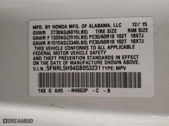 2016 Honda Odyssey Touring Elite with VIN 5FNRL5H94GB053231, listed as a Copart auction lot 46592395 with 132,142 mi miles and Salvage Title. Bid and sale history available at carsss.com. Image 13.
