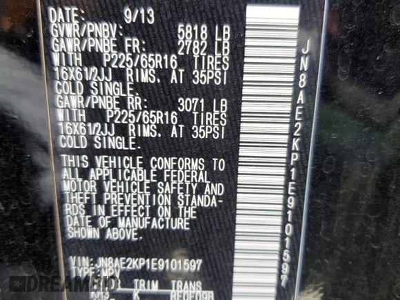 2014 Nissan Quest S with VIN JN8AE2KP1E9101597, listed as a Copart auction lot 46313225 with 104,410 mi miles and Salvage Title. Bid and sale history available at carsss.com. Image 15.