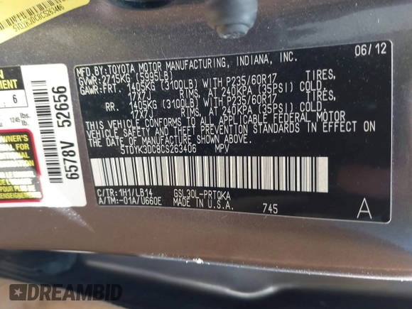 2012 Toyota Sienna XLE AAS with VIN 5TDYK3DC8CS263406, listed as a IAAI auction lot 41971770 with 186,394 mi miles. Bid and sale history available at carsss.com. Image 9.
