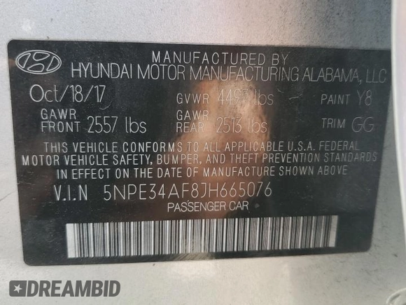 2018 Hyundai Sonata SEL with VIN 5NPE34AF8JH665076, listed as a Copart auction lot 52882695 with 66,332 mi miles and Salvage Title. Bid and sale history available at DreamBid. Image 13.