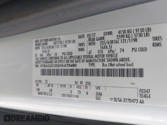 2017 Ford Transit XL with VIN 1FBAX2CM2HKA76480, listed as a IAAI auction lot 42757002 with 139,483 mi miles and . Bid and sale history available at DreamBid. Image 9.