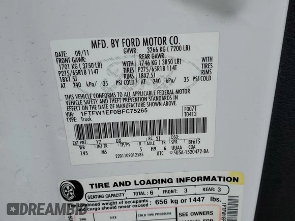 2011 Ford F-150 XL с VIN 1FTFW1EF0BFC75265, выставлен на аукционе Copart как лот 52599995 с пробегом Не указан миль и Списание • Salvage title. История ставок и продаж доступна на DreamBid. Изображение 12.