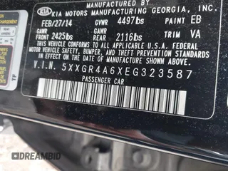 2014 Kia Optima SXL Turbo with VIN 5XXGR4A6XEG323587, listed as a IAAI auction lot 42130696 with 249,982 mi miles and . Bid and sale history available at DreamBid. Image 9.