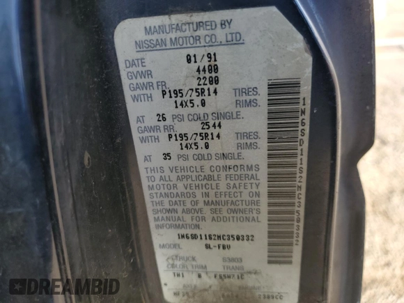 1991 Nissan Frontier z VIN 1N6SD11S2MC350332, wystawiony jako Copart lot #87462534 z przebiegiem 350 692 mil mil oraz Szkoda całkowita • Salvage title. Historia ofert i sprzedaży dostępna na DreamBid. Obrazek 12.