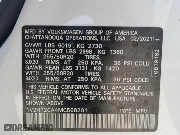 2021 Volkswagen Atlas SE z VIN 1V2HR2CA4MC568201, wystawiony jako Copart lot #57884145 z przebiegiem 49 201 mil mil oraz Czysty tytuł • Clean title. Historia ofert i sprzedaży dostępna na DreamBid. Obrazek 13.